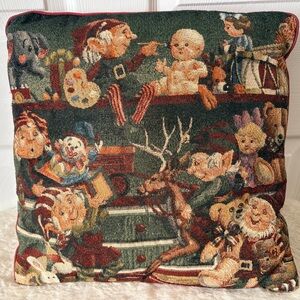 Santa’s Elves Toy Workshop Tapestry Christmas Pillow 16”x16”